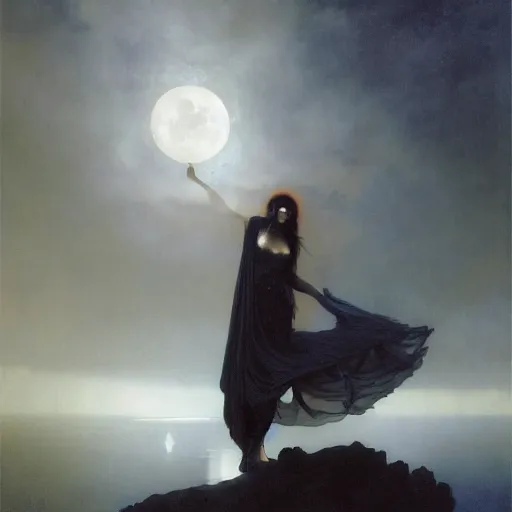 Image similar to awe-inspiring award-winning concept art painting of attractive figure in black shrouds as the goddess of the moonbow, rainbow, by Michael Whelan, William Adolphe Bouguereau, John Williams Waterhouse, and Donato Giancola, cyberpunk, extremely moody lighting, glowing light and shadow, atmospheric, shadowy, cinematic, 8K,