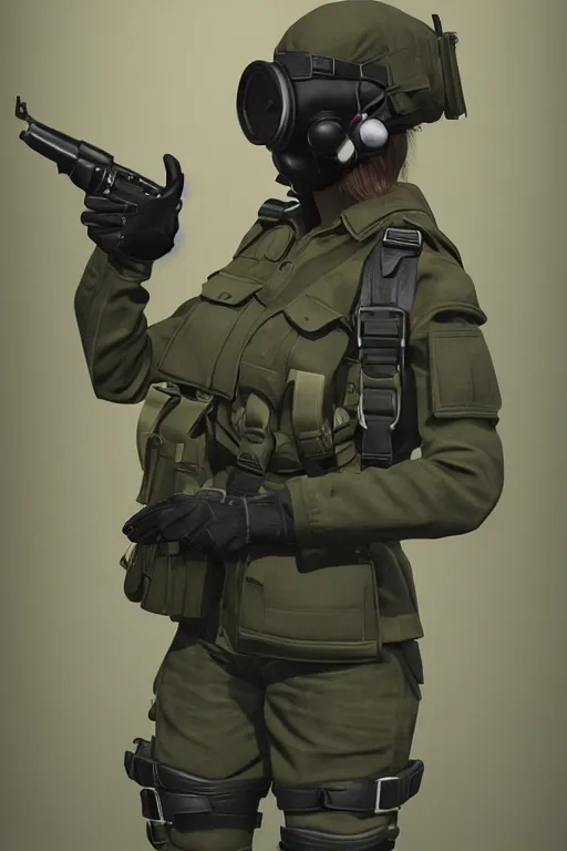 Image similar to british sas female operative with the standard s 1 0 gas mask and the black uniform, 8 0 s, artstation, trending on artstation, establishing shot