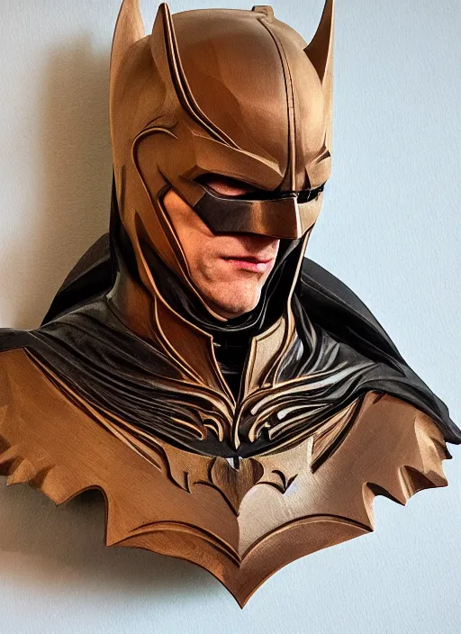 Image similar to high intricate bust of an batman carved from wood in baroque style, studio light, maria panfilova, andrea savchenko, mike kime, ludovic plouffe, qi sheng luo, oliver cook, trending on artstation