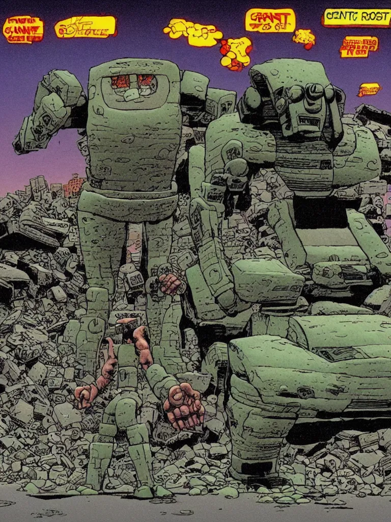 Prompt: an individual Giant stone robot walking down the street, a crushed car is under the robot’s foot by Richard Corben