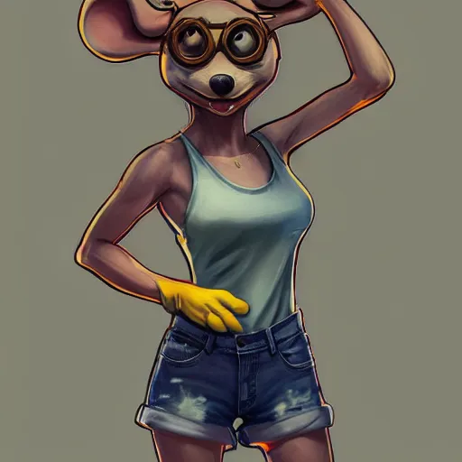 Image similar to anthropomorphic mouse wearing denim short shorts and yellow tank top, highly detailed, artgerm style, artstation, soft light, sharp focus, illustration, character design, concept art