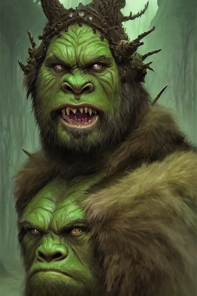 Image similar to portrait of a druidic green mountain orc, looking at camera, d & d, savage warrior, fur attire, aztec hair, large noses, intricate, fantasy, extremely detailed, digital painting, artstation, concept art, smooth, sharp focus, illustration, ambient lighting, art by artgerm and greg rutkowski and alphonse mucha and simon stalenhag