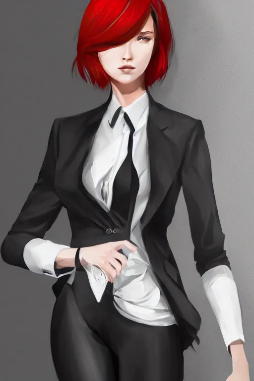 Prompt: a digital painting of a woman in a suit, a character portrait by artgerm, trending on artstation, fantasy art, ilya kuvshinov, artstation hd, artstation hq