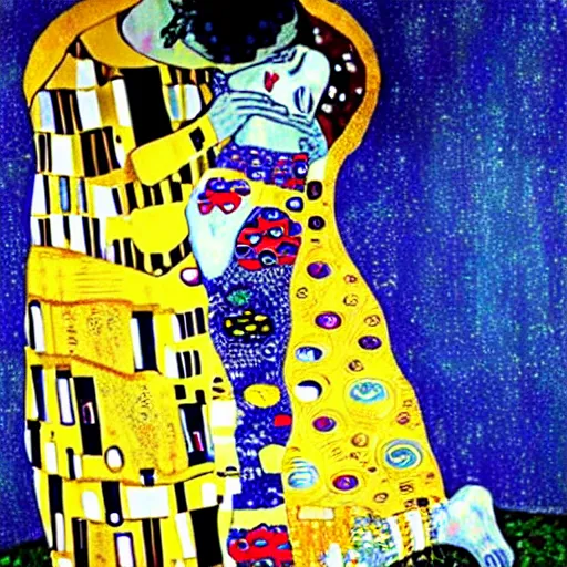 Image similar to The Kiss from Klimt but painted in the style of Vincent Van Gogh