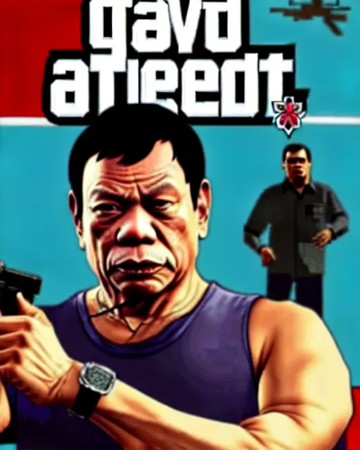 Image similar to duterte in gta v game box art by stephen bliss, no text, detailed cover artwork, gta v, gta v loading screen