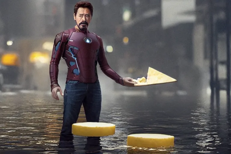 Image similar to tony stark holding cheese, flooded, new york, fog