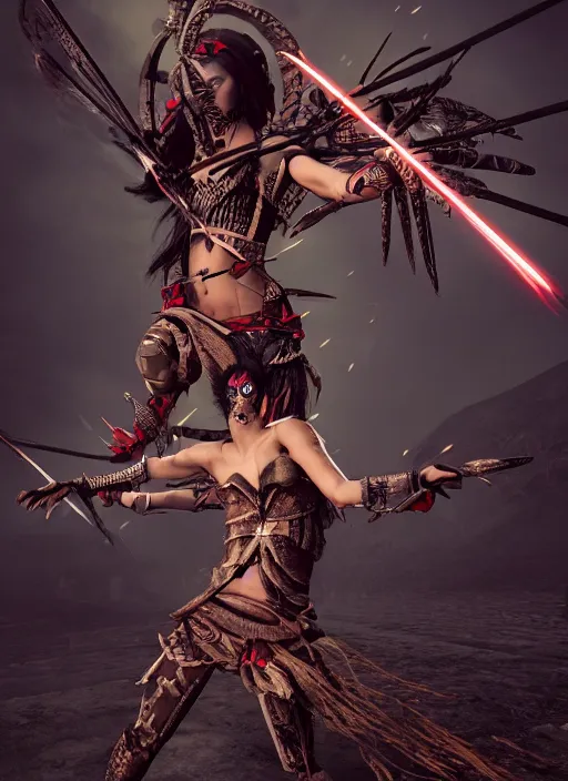 Prompt: fight, aztec goddes fights with futuristic bow, vertical composition, inspired by monster hunter and dark fantasy and fashion, beautiful body, clean brutal blooded symmetrical face, brutal bloody and sluty make up, epic,dramatic lighting, cinematic, establishing shot, extremely high detail, photorealistic, brutal, provocative , cinematic lighting, artstation, octane render, dark fantasy ,old photo, vintage, black and white, Boris vallejo