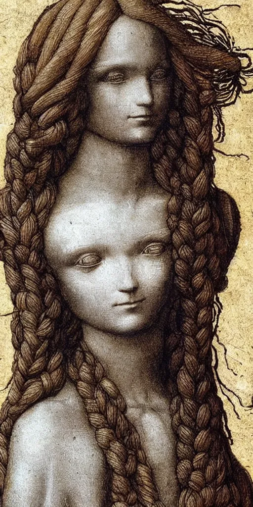 Image similar to a beautiful cyborg made of hair by leonardo da vinci