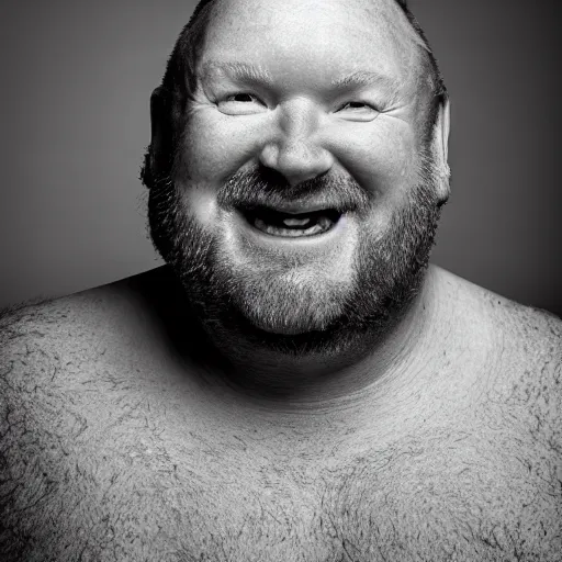 Image similar to 3 / 4 upper body photo of a 5 0 year old ginger men with crooked teeth, balding, overweight, 8 5 mm, f / 1. 3