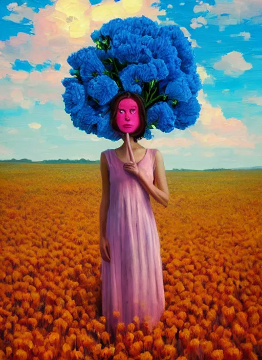 Image similar to portrait of a woman with a giant carnation as a face, flower field, surreal photography, sunset dramatic light, impressionist painting, colorful clouds, blue sky, digital painting, artstation, simon stalenhag