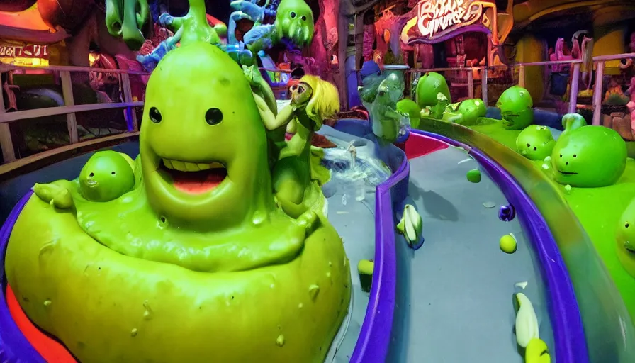 Image similar to 1990s photo of inside the Slime Friends Dangerous Potato Show ride at Universal Studios in Orlando, Florida, riding a face car through a dinner plate planet, cinematic, UHD