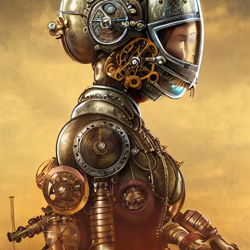 Prompt: dan mumford tom bagshaw, dream world curiosities carnival flying, photorealistic octane render poster of a single very beautiful helmet full long steampunk metallic armored ornate thicc female, accurate features, focus, very intricate ultrafine details, award winning masterpiece, steampunk world spikes