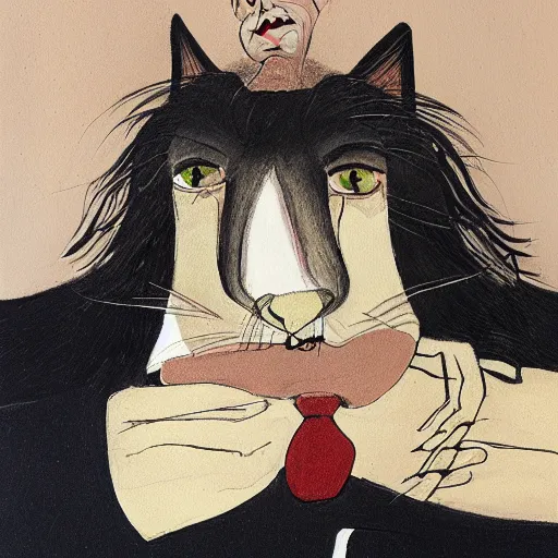 Image similar to a detailed portrait painting of a man with a cat on his back by gerald scarfe