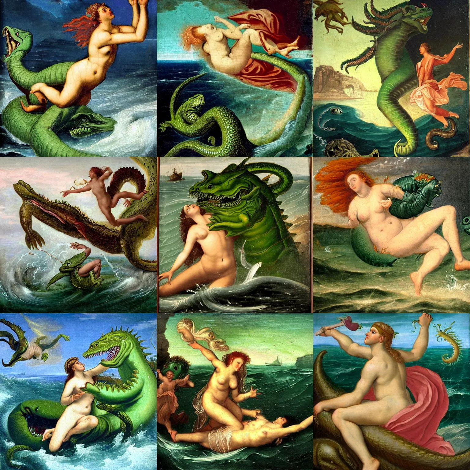 Prompt: Classical painting of Andromeda being eaten by a big green sea monster. She is almost devoured by the mouth of the sea monster.