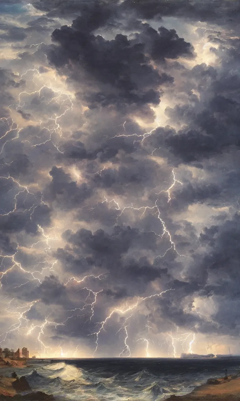 Prompt: a dramatic stormy sky with lightnings , romantic painting,