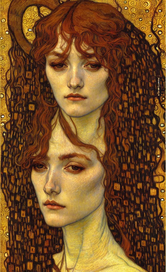 Image similar to detailed realistic beautiful young medieval queen face portrait by jean delville, gustav klimt and vincent van gogh, art nouveau, symbolist, visionary, gothic, pre - raphaelite, muted earthy colors, desaturated