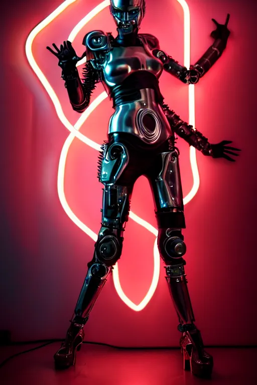 Image similar to edgy powerful female chrome futuristic cyborg with curved metal Loki horns, , full body, chrome motorcycle parts and machine abstract background, neon bar lights, 3d render, octane, 8k, volumetric lighting, hyper-realistic, dark fantasy, diffuse lighting, intricate, highly detailed, lifelike, photorealistic, digital painting, trending on artstation, smooth, sharp focus, art by John Collier and Albert Aublet and Krenz Cushart and Artem Demura and Alphonse Mucha