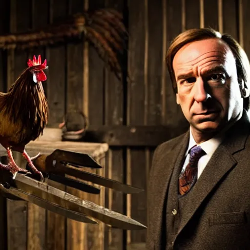 Prompt: saul goodman and a rooster in a medieval torture chamber, saw blades and knives in the background, horror movie, saul goodman face, rooster!!!!, real life photo, highly detailed face