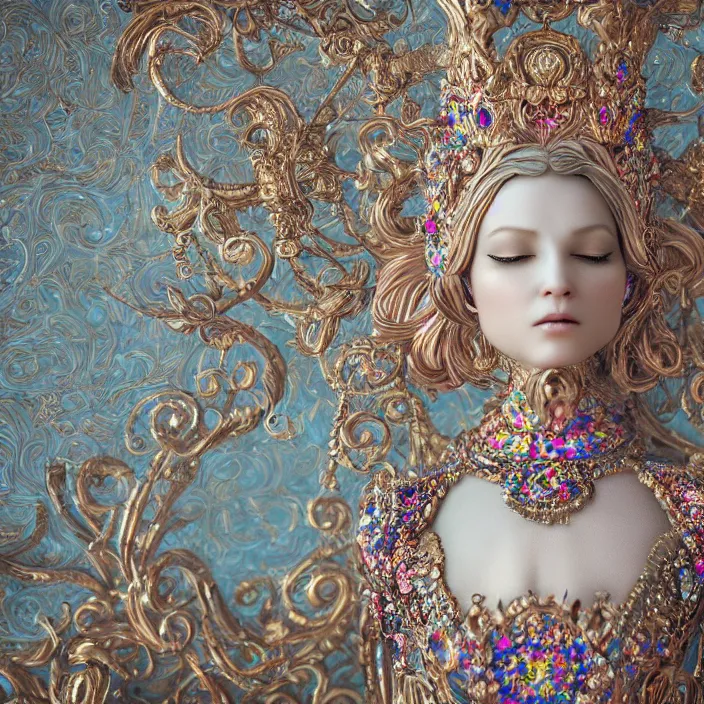 Image similar to A photo-real delicate sculpture of an ornate queen in front of an intricate background by AJ Fosik, Micro detail, backlighting, octane renderer, colorful, physically based render