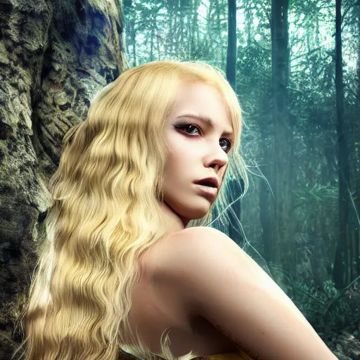 Image similar to very pretty blond dragon girl with scales for skin and huge dragon wings in a dark forest, perfect symmetrical face, shallow depth of field, moody lighting, single point of light, 8 k, ultra realistic, in the style of,