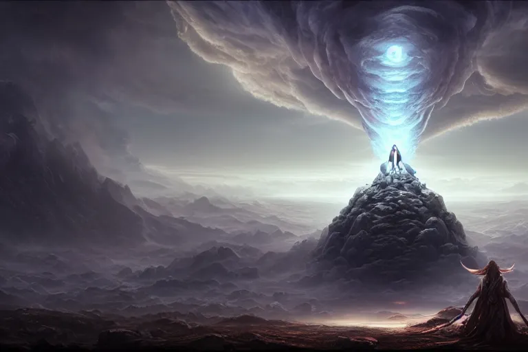 Image similar to a god giving birth to a new universe and then dissolving itself into it, in the style of wlop and elden ring landscapes, illustration, epic, fantasy, hyper detailed, smooth, unreal engine, sharp focus, ray tracing