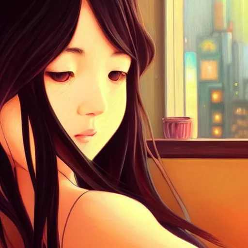 Image similar to a beautiful girl with long dark hair, sitting alone at a bar, night time, intricate, highly detailed, digital painting, artstation, official media, anime key visual, concept art, rich vivid colors, ambient lighting, sharp focus, illustration, art by Artgerm, Makoto Shinkai, Ilya Kuvshinov, Lois Van Baarle, and Rossdraws
