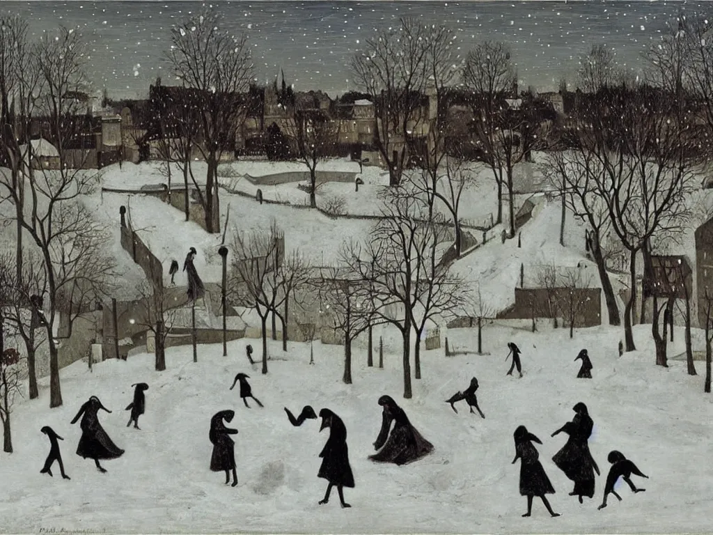 Prompt: Night scene. Women playing in the snow. Paul Delvaux