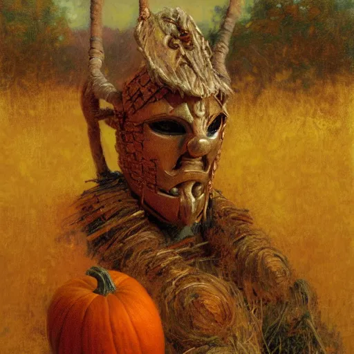 Prompt: a warrior made of wicker and gourds, pumpkin head, autumnal, fantasy character portrait by gaston bussiere, craig mullins