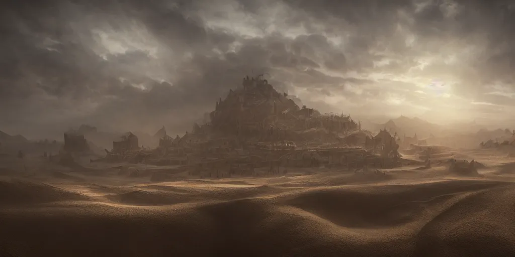 Prompt: kingdom made of sand, superwide angle, light through the mist, dramatic lighting, photorealistic, cinematic lighting, high detail, cinematic feel, high octane, 4 k, unreal engine, digital render, intricate, ultra realistic, concept art