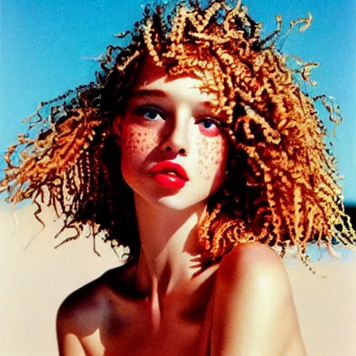 Image similar to a beautiful professional photograph by herb ritts, arthur elgort and ellen von unwerth for vogue and harper's bazaar magazines of a very beautiful lightly freckled and unusually attractive female fashion model