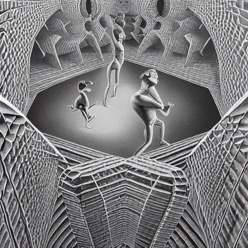 Prompt: things that are hard to think about dancing with rare and unusual ideas while ordinary boring sorts through a box of old memories on the shores of vast wonder and amazement, artists m. c. escher and alex grey, intricately detailed, three dimensional optical illusion, ambient occlusion, volumetric light