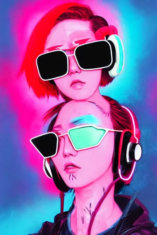 Prompt: stylized japanese cyberpunk girl, wearing : urban techwear, neon - kitty headphones on her neck and cyber sun glasses, painted in acrylic, pigment textures, in the colors hot pink and cyan, beautiful realistic face, rule of thirds, spotlight, by greg rutkowski, by jeremy mann, by francoise nielly, by van gogh, by ross tran, in focus