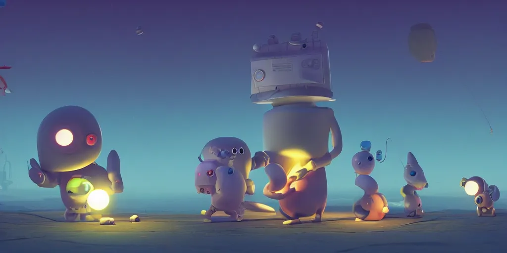 Prompt: cute cartoon monsters standing by a rocket ship at night, still from a Wes Anderson film, cinematic, Goro Fujita, Chiho Aoshima, Beeple, trending on artstation, highly detailed, scene from a movie, soft lighting, 8k