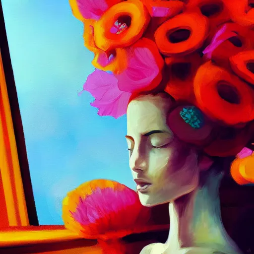 Image similar to closeup, giant flower head, woman next to modern windows, luxury apartment, surreal photography, dramatic light, impressionist painting, digital painting, artstation, james gilleard