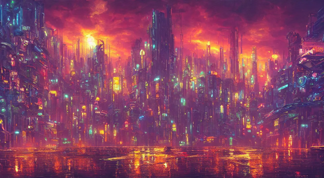 Prompt: a Stunning oil painting of A Great cyberpunk city on the sea by Paul Lehr,concept art,Retro colour,hyper detailed,8K Resolution