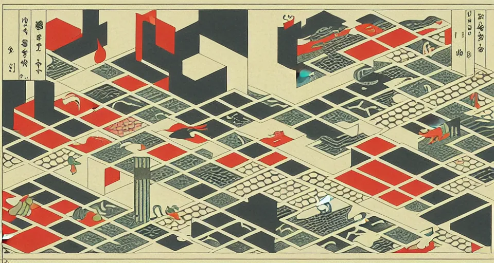 Image similar to isometric urban dashboard with time series charts, pie plots and other modern graphics, with small creatures swimming on it. monografia by diego rivera ( ukiyo - e influence )