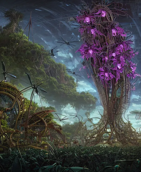 Image similar to a giant weird industrial plant made out of isopod dragonflies, in the style of a strange asymmetrical spaceship, overgrown with disturbing orchids, godbeams, partly cloudy, somber, dramatic lighting, by dan mumford, yusuke murata, makoto shinkai, ross tran, cinematic, unreal engine, cel shaded, featured on artstation, pixiv