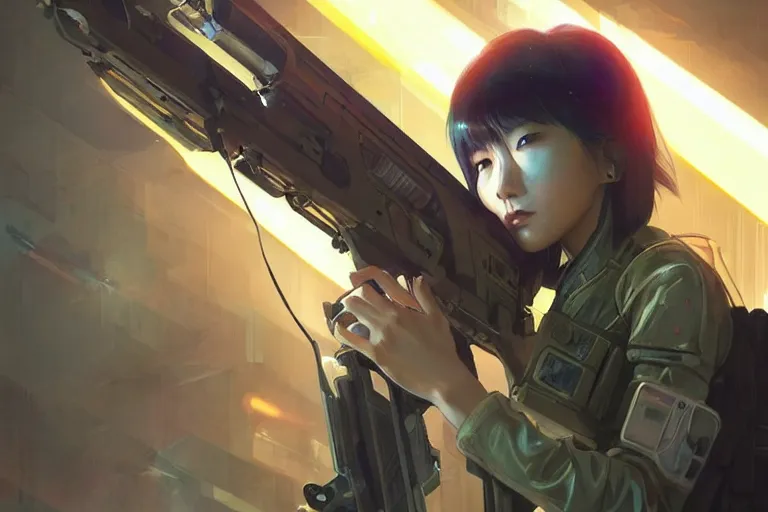 Image similar to young female japanese sniper holding a railgun sniper rifle, neon, cyberpunk, futuristic, full cybernetic combat suit, short bob haircut, stunning, highly detailed, digital painting, smooth, soft focus, illustration, ghost in the shell, 4 k digital art from artstation by artgerm and greg rutkowski and alphonse mucha