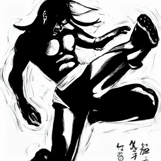 Prompt: a black and white drawing of a man doing a kick, an illustration of by gatoken shunshi, pixiv contest winner, black arts movement, dynamic pose, official art, sabattier effect