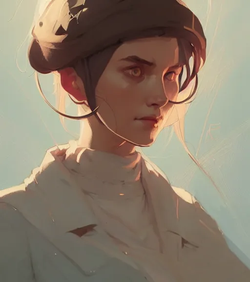 Prompt: portrait of a female cleric by atey ghailan, by greg rutkowski, by greg tocchini, by james gilleard, by joe fenton, by kaethe butcher, dynamic lighting, gradient light blue, brown, blonde cream and white color scheme, grunge aesthetic