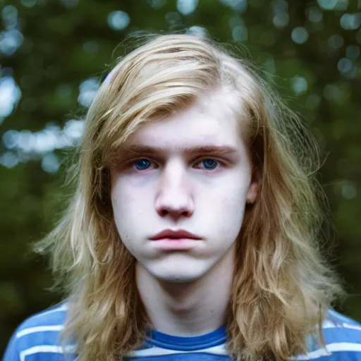 Prompt: Portrait of a sad looking teenage boy, around 20 yo, natural blonde hair and smooth pale skin. Award winning photograph.