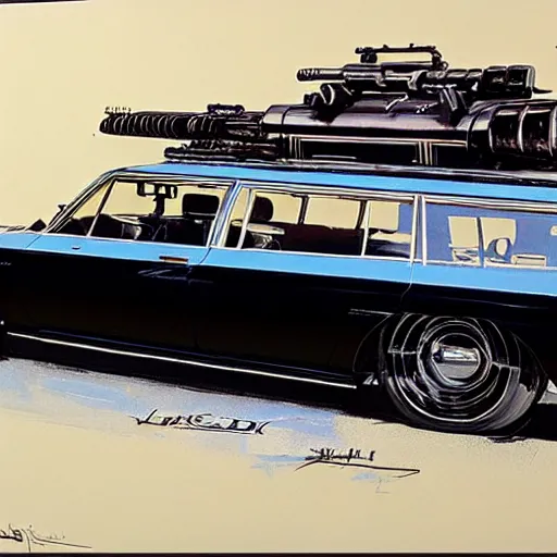 Image similar to concept art for a station wagon covered in mounted guns, painted by syd mead, high quality