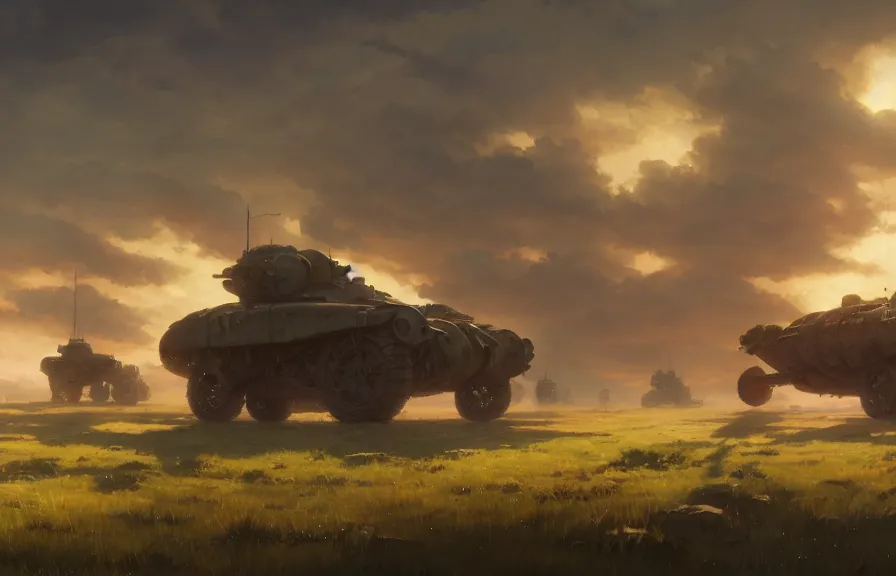 Image similar to concept art of an open field with ruined dieselpunk orcish tanks in the background, key visual, ambient lighting, highly detailed, digital painting, artstation, concept art, sharp focus, by makoto shinkai and akihiko yoshida and hidari and wlop