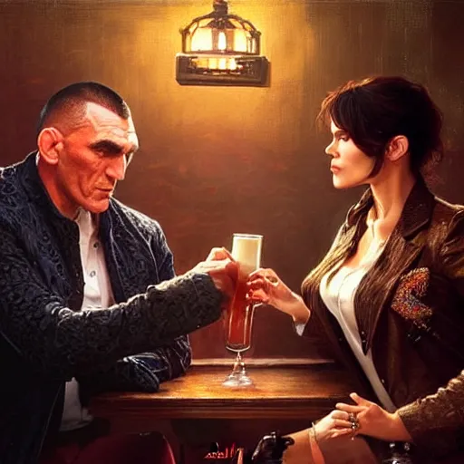 Prompt: vinnie jones flirting with shah rukh khann in a pub, real life skin, intricate, elegant, highly detailed, artstation, concept art, smooth, sharp focus, art by artgerm and greg rutkowski and alphonse mucha