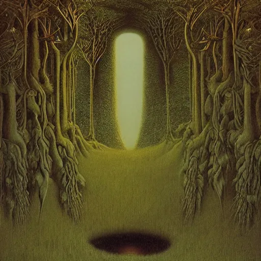 Image similar to Zdzisław Beksiński by Gerald Brom, Japanese Torii Gate in a lush forest