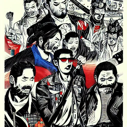 Image similar to yakuzas vs yokais in post-apocalyptic tokyo, illustration by Tyler Stout