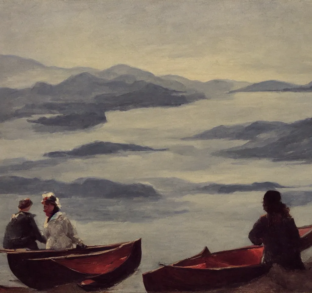 Image similar to one beautiful woman sitting in canoe on the hudson river, mountains in mist in the background, oil painting, style of george bellows