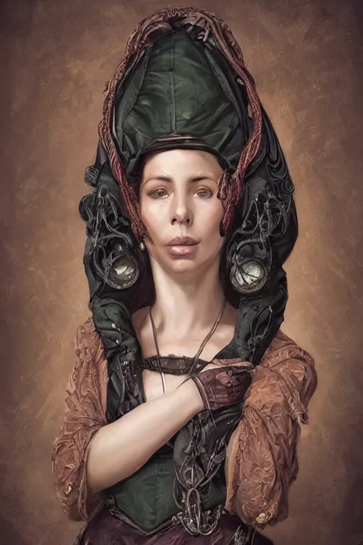 Image similar to portrait, headshot, digital painting, of a 17th century, beautiful, middle aged, middle eastern, wrinkles, decadent, cyborg noble woman, dark hair, gasmask, amber jewels, baroque, ornate dark green opulent clothing, scifi, futuristic, realistic, hyperdetailed, concept art, chiaroscuro, Waterhouse style