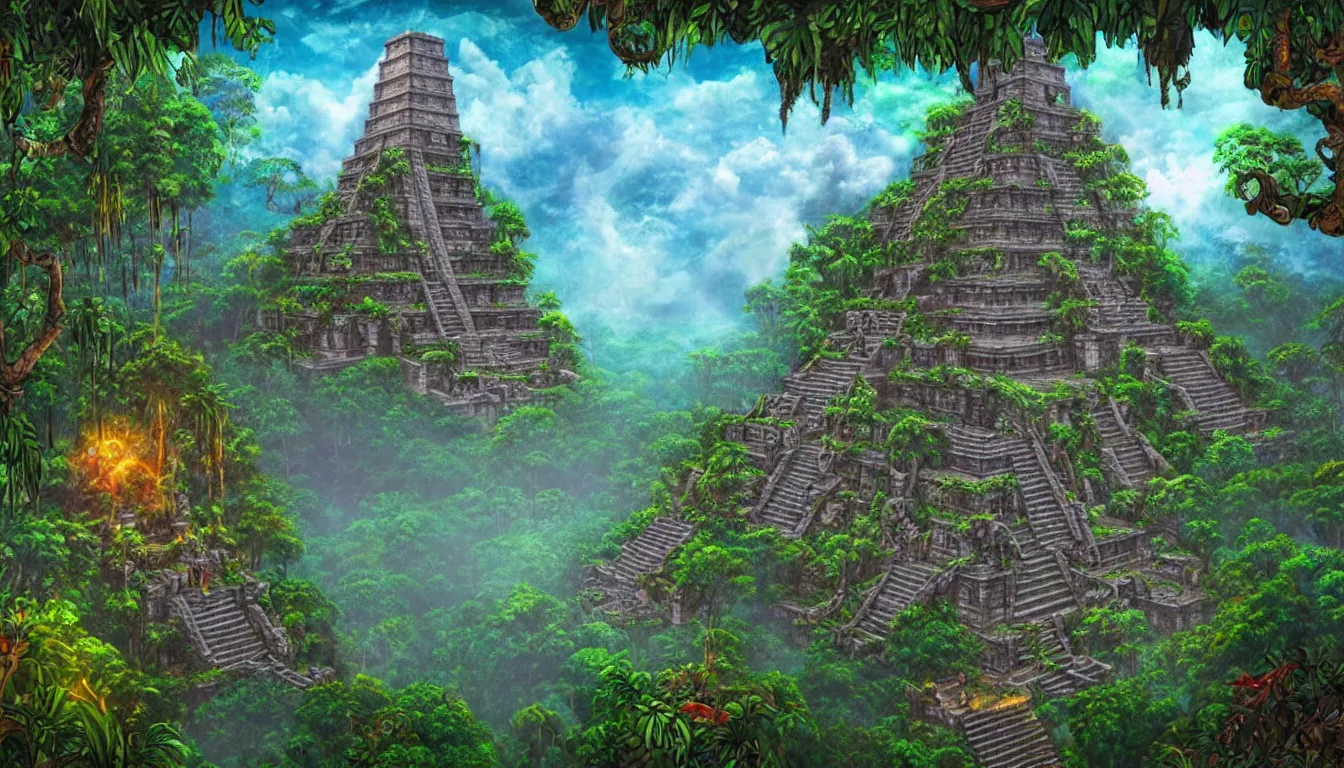 Image similar to way up the tower to the majestic ancient mayan temple jungle forest realm in the clouds , side-scrolling 2d platformer game level, swirling clouds, fantasy jungle vegetation, totem ruins with intricate mayan glyphs, dramatic dusk sun illuminates areas, volumetric light , detailed carved ornaments, rich color, upscale , 8k