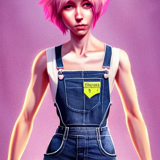 Image similar to full body pose, pixar, beautiful androgynous girl, pink pixie cut hair, torn overalls, short shorts, combat boots, fishnets, beautiful, highly detailed face, true anatomy!, extremely detailed!, digital painting, unreal engine 5, art by tom bagshaw